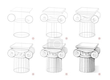 Illustration for Page shows how to learn to draw sketch of antique ancient Greek ionic column. Creation step by step pencil drawing. Educational page for artists. Textbook for developing artistic skills. - Royalty Free Image