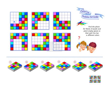 Ilustración de Sudoku para niños. Rompecabezas 3D. Conjunto de juegos de lógica. Encuentra los lugares para bloques de rompecabezas y píntalos en espacios vacíos para que cada línea tenga 6 colores diferentes. Libro para colorear. Página para libro de teaser de cerebro - Imagen libre de derechos