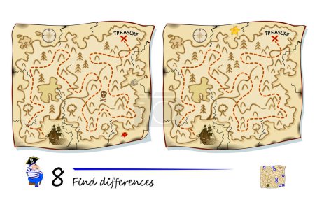 Find 8 differences. Pirate treasure island map Illustration. Logic puzzle game for children and adults. Page for kids brain teaser book. Developing counting skills. Vector drawing.