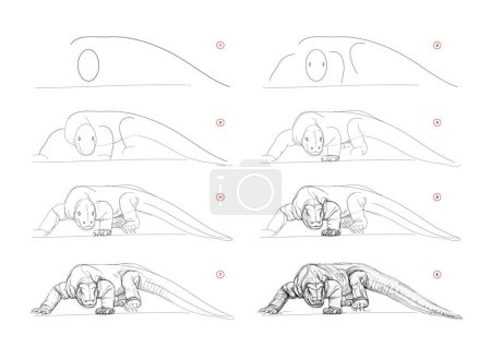Illustration for Page shows how to learn to draw sketch of giant monitor lizard. Creation step by step pencil drawing. Educational page for artists. Textbook for developing artistic skills. Vector illustration. - Royalty Free Image