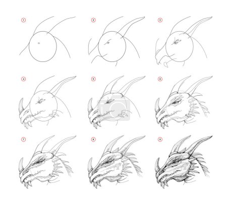 Illustration for Page shows how to learn to draw sketch a dragons head. Creation step by step pencil drawing. Educational page for artists. Textbook for developing artistic skills. Vector illustration. - Royalty Free Image