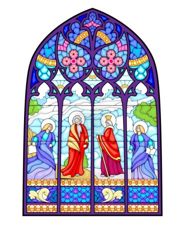 Beautiful colorful medieval stained glass window. Gothic architectural style. Christian decoration with holy Apostles. Architecture in France churches. Middle ages in Western Europe. Vector drawing.