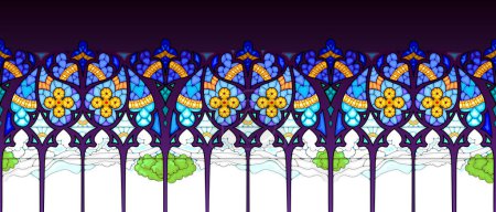 Illustration for Stained glass decoration. Seamless pattern ornament. Style of Gothic windows. Print for fabric, wallpaper, background, banner, design. Vector illustration. - Royalty Free Image