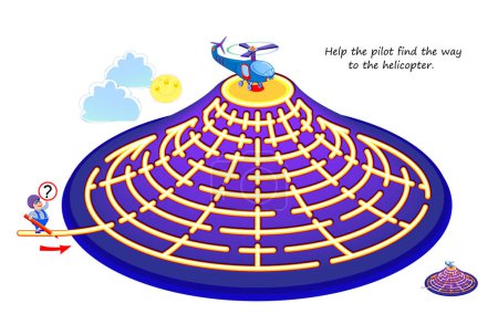 Illustration for Best labyrinths. Help the pilot find the way to the helicopter. Logic puzzle game. Brain teaser book with maze. Kids activity sheet. Educational page for children. Play online. Vector illustration. - Royalty Free Image