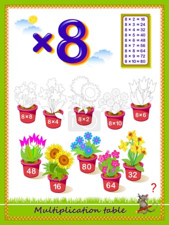 Illustration for Multiplication table by 8 for kids. Solve examples and paint the flowers. Educational page for school. Logic puzzle game. Printable worksheet for children math textbook. Coloring book. Vector image. - Royalty Free Image