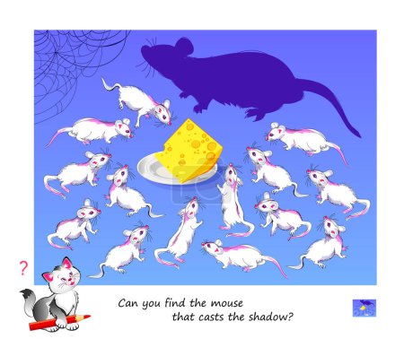 Illustration for Best puzzles for kids. Can you find the mouse that casts the shadow? Educational game. Logic education for children. Play online. Task for attentiveness. IQ test. Vector cartoon illustration. - Royalty Free Image