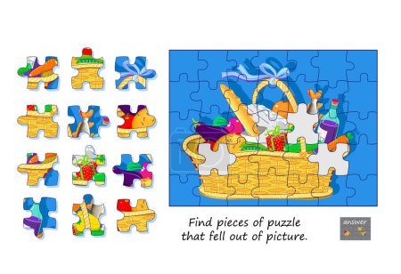 Logikspiel für Kinder und Erwachsene. Finden Sie Puzzleteile, die aus dem Bild fielen. Seite für Kinder Denkanstöße Buch. Aufgabe für Aufmerksamkeit. Entwicklung des räumlichen Denkens. Spielen Sie online. Vektorbild.