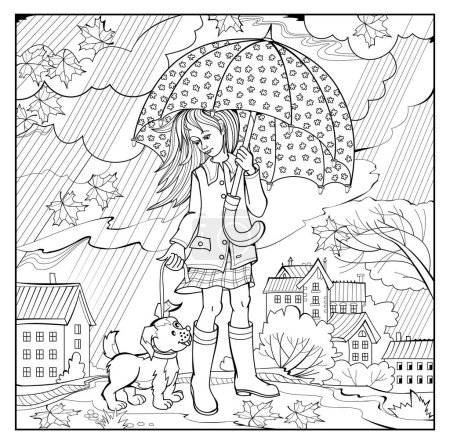Illustration for Coloring book for children and adults. Rainy weather. Caring girl walks with dog under umbrella. Black and white vector illustration. Zentangle style image. Printable page for drawing and meditation. - Royalty Free Image