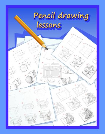 Illustration for Cover for educational book for artists. Pencil drawing lessons. Textbook for developing artistic skills. Pages show how to learn to draw. Creation step by step realistic images. Vector illustration. - Royalty Free Image