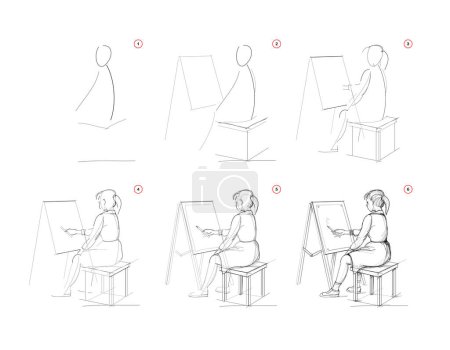 Illustration for Page shows how to learn to draw sketch of girl sitting at the easel. Creation step by step pencil drawing. Educational page for artists. Textbook for developing artistic skills. Vector image. - Royalty Free Image