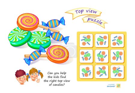 Téléchargez les illustrations : Jeu de puzzle logique pour enfants et adultes. Pouvez-vous aider les enfants à trouver la bonne vue sur les bonbons ? Labyrinthe 3D. Page pour le livre de casse-tête. Développer la pensée spatiale. Test de QI. Jouer en ligne. - en licence libre de droit