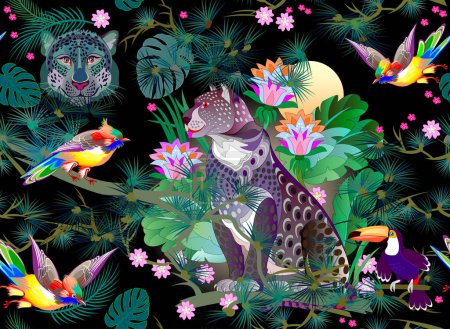Illustration for Seamless pattern ornament. Fantasy background with wild tropical nature. Illustration of animals in night jungle. Luxury ornate picture for mural wallpaper, fabric, decoration. Vector illustration. - Royalty Free Image