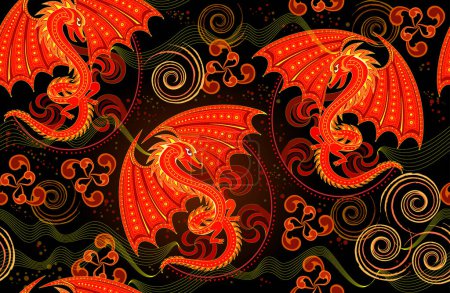 Illustration for Seamless pattern ornament. Fantasy background with red dragons and ethnic spiral symbol ornaments. Luxury ornate picture for mural wallpaper, fabric, decoration. Vector illustration. - Royalty Free Image