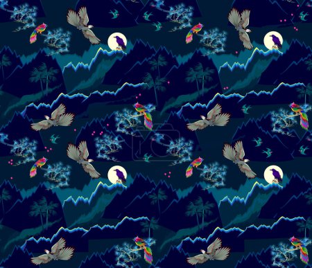 Illustration for Seamless pattern ornament. Fantasy background with wild tropical nature. Illustration of animals in night jungle. Luxury ornate picture for mural wallpaper, fabric, decoration. Vector illustration. - Royalty Free Image
