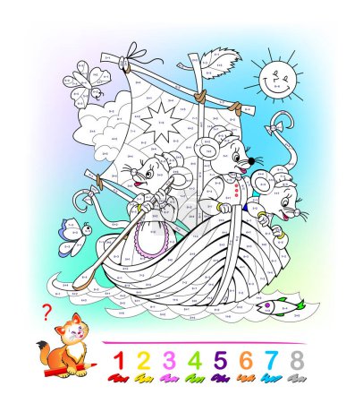 Illustration for Math education for little children. Coloring book. Mathematical exercises on addition and subtraction. Solve examples and paint the mice and sailboat. Developing counting skills. Worksheet for kids. - Royalty Free Image