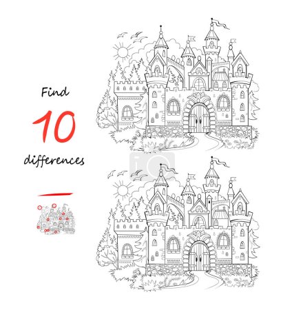 Illustration for Find 10 differences. Black and white illustration of medieval castle. Logic puzzle game for children and adults. Page for kids brain teaser book. Developing counting skills. Flat vector drawing. - Royalty Free Image