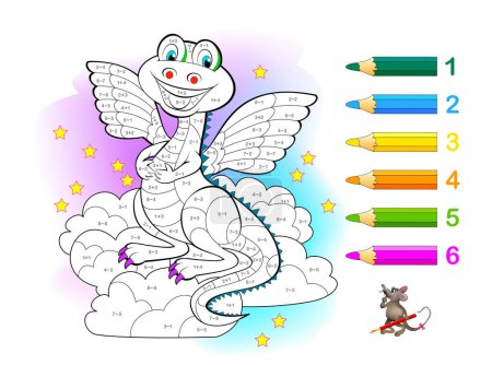 Illustration for Math education for children. Coloring book. Mathematical exercises on addition and subtraction. Solve examples and paint dragon. Developing counting skills. Printable worksheet for kids textbook. - Royalty Free Image
