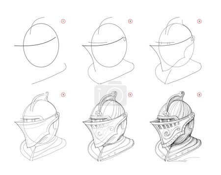 Ilustración de Page shows how to learn to draw sketch of ancient knight helmet. Pencil drawing lessons. Educational page for artists. Textbook for developing artistic skills. Online education. Vector image. - Imagen libre de derechos