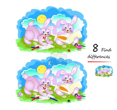 Téléchargez les illustrations : Find 8 differences. Illustration of cute Easter rabbits learning to read. Logic puzzle game for children and adults. Page for kids brain teaser book. Developing counting skills. Vector drawing. - en licence libre de droit
