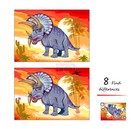 Téléchargez les illustrations : Find 8 differences. Illustration of prehistoric extinct dinosaur triceratops. Logic puzzle game for children and adults. Page for kids brain teaser book. Developing counting skills. Vector drawing. - en licence libre de droit
