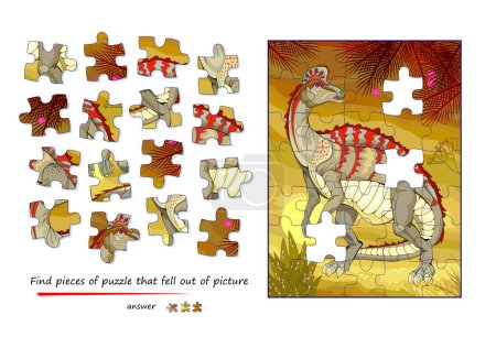Illustration for Logic game for children and adults. Find pieces of puzzle that fell out of picture. Page for kids brain teaser book. Task for attentiveness. Developing spatial thinking. Play online. Vector image. - Royalty Free Image