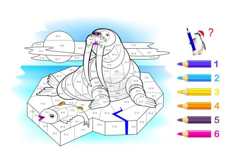 Ilustración de Math education for children. Coloring book. Mathematical exercises on addition and subtraction. Solve examples and paint walrus. Developing counting skills. Printable worksheet for kids textbook. - Imagen libre de derechos