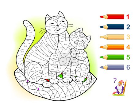 Ilustración de Math education for children. Coloring book. Mathematical exercises on addition and subtraction. Solve examples and paint cats. Developing counting skills. Printable worksheet for kids textbook. - Imagen libre de derechos