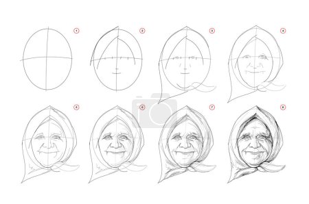 Illustration for Page shows how to learn to draw sketch of old granny face. Pencil drawing lessons. Educational page for artists. Textbook for developing artistic skills. Online education. Vector image. - Royalty Free Image