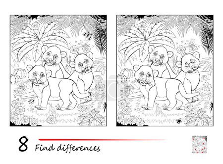 Téléchargez les illustrations : Find 8 differences. Black and white illustration of cute lion cubs in jungle. Logic puzzle game for children and adults. Page for kids brain teaser book. Developing counting skills. Vector drawing. - en licence libre de droit