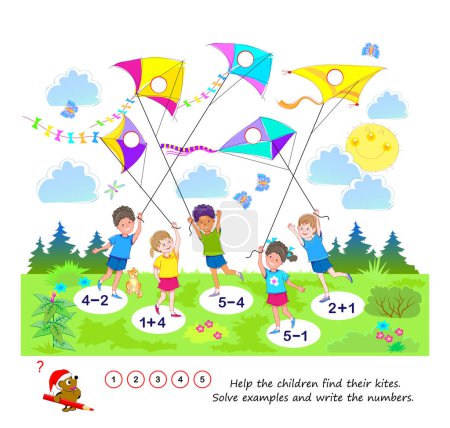 Ilustración de Mathematical education for kids. Help the children find their kites. Solve examples and write the numbers. Logic puzzle game. Play online. Educational page. Activity sheet. Vector cartoon illustration - Imagen libre de derechos