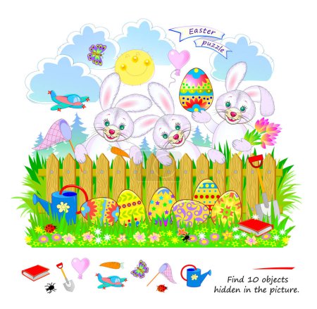 Logic puzzle game for kids. Find 10 objects hidden in the picture. Illustration of Easter bunnies and egg hunt. Educational page. Play online. IQ test. Task for attentiveness. Vector cartoon image.