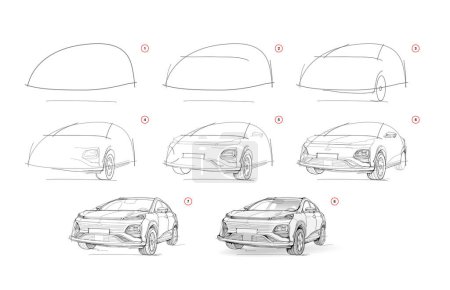 Illustration for Page shows how to learn to draw sketch of cute car. Pencil drawing lessons. Educational page for artists. Textbook for developing artistic skills. Online education. Vector illustration. - Royalty Free Image