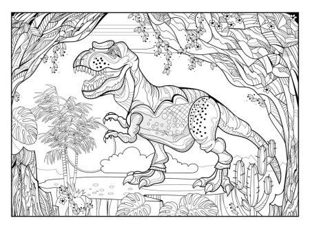 Illustration for Coloring book for children and adults. Illustration of tyrannosaurus. Prehistoric dinosaur. Jurassic world. Black and white vector. Zen tangle style image. Printable page for drawing and meditation. - Royalty Free Image