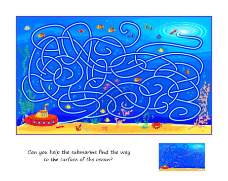 Ilustración de Best labyrinths. Can you help the submarine find the way to the surface of the ocean? Logic puzzle game. Brain teaser book with maze. Educational page for children. Play online. Vector illustration. - Imagen libre de derechos