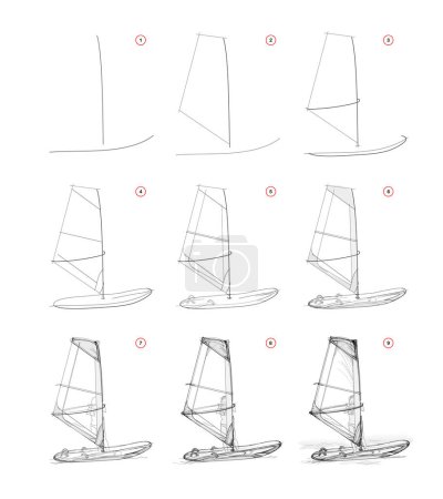 Illustration for Page shows how to learn to draw sketch of surfboard. Pencil drawing lessons. Educational page for artists. Textbook for developing artistic skills. Online education. Vector illustration. - Royalty Free Image