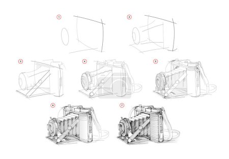 Illustration for Page shows how to learn to draw sketch of old camera. Pencil drawing lessons. Educational page for artists. Textbook for developing artistic skills. Online education. Vector illustration. - Royalty Free Image
