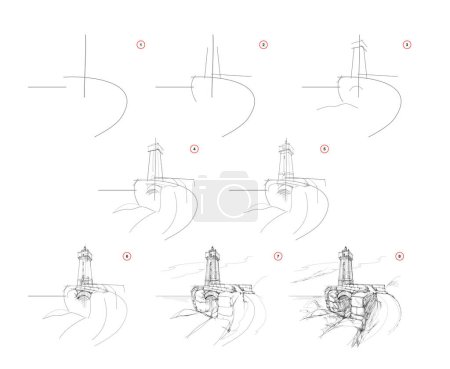Illustration for Page shows how to learn to draw sketch of seascape with lighthouse. Pencil drawing lessons. Educational page for artists. Textbook for developing artistic skills. Online education. Vector illustration - Royalty Free Image