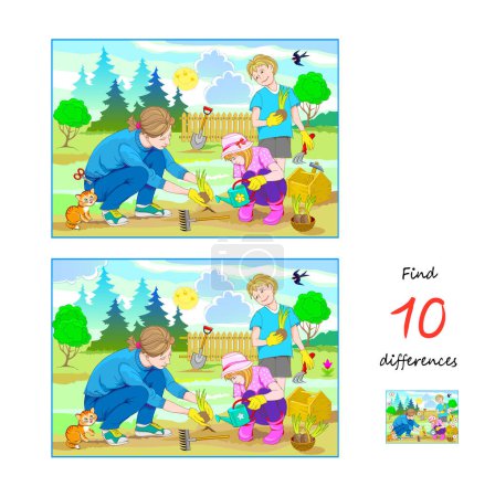 Ilustración de Find 10 differences. Illustration of family working in spring garden. Logic puzzle game for children and adults. Page for kids brain teaser book. Developing counting skills. Vector drawing. - Imagen libre de derechos