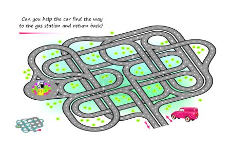 Ilustración de Best labyrinths. Can you help the car find the way to the gas station and return back? Logic puzzle game. Brain teaser book with maze. Educational page for children. Play online. Vector illustration. - Imagen libre de derechos