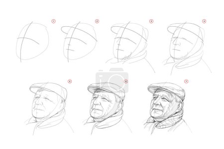 Illustration for Page shows how to learn to draw sketch a portrait of old happy man. Pencil drawing lessons. Educational page for artists. Textbook for developing artistic skills. Online education. Vector illustration - Royalty Free Image