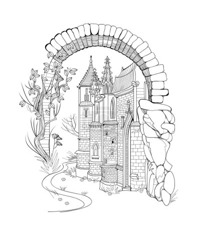 Illustration of ancient medieval castle. Fairyland kingdom. Black and white page for kids coloring book. Worksheet for drawing and meditation for children and adults. French architecture. Vector image