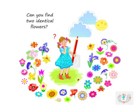 Ilustración de Logic puzzle for children and adults. Can you find two identical flowers? Page for kids brain teaser book. Task for attentiveness.  IQ test. Play online. Vector cartoon illustration. - Imagen libre de derechos