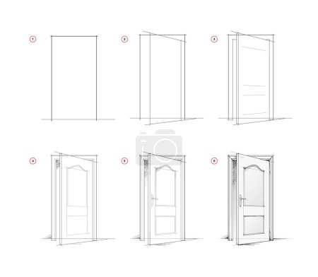 Illustration for Page shows how to learn to draw sketch of half-open door. Pencil drawing lessons. Educational page for artists. Textbook for developing artistic skills. Online education. Vector illustration. - Royalty Free Image