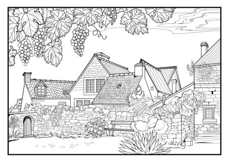 Illustration for Coloring book for children and adults. Old French manor with vineyard. Landscapes for coloring. Illustration in zen-tangle style. Printable page for drawing and meditation. Black and white vector. - Royalty Free Image