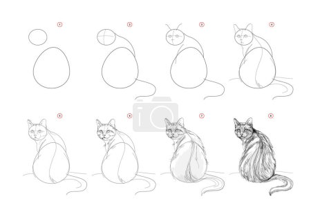 La página muestra cómo aprender a dibujar un dibujo de un gato sentado. Clases de dibujo a lápiz. Página educativa para artistas. Manual para el desarrollo de habilidades artísticas. Educación en línea. Ilustración vectorial.