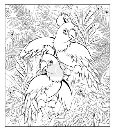 Coloring book for children and adults. Couple of cute cockatoo parrots in tropical garden. Illustration in zentangle style. Printable page for drawing and meditation. Black and white vector image.