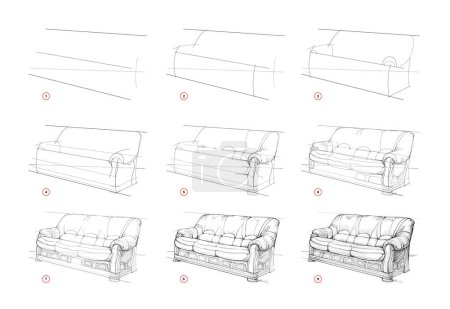 Illustration for Page shows how to learn to draw sketch the comfortable sofa. Pencil drawing lessons. Educational page for artists. Textbook for developing artistic skills. Online education. Vector illustration. - Royalty Free Image