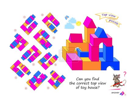 Logic puzzle game for children and adults. Can you find the correct top view of toy house? 3D maze. Page for brain teaser book. Developing spatial thinking. IQ test. Play online. Vector cartoon image.