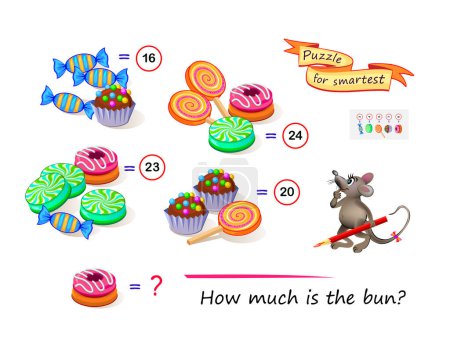 Mathematical logic puzzle game for smartest. How much is the bun? Solve examples and write the number. Find solution for all sweets. Brain teaser book. Count and play. Online education. Vector image.
