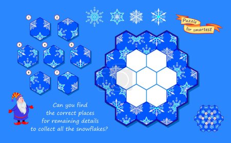 Téléchargez les illustrations : Puzzle logique pour enfants et adultes. Pouvez-vous trouver les bons endroits pour collecter tous les flocons de neige ? Jeu éducatif pour enfants livre de casse-tête. Jouer en ligne. Illustration vectorielle - en licence libre de droit
